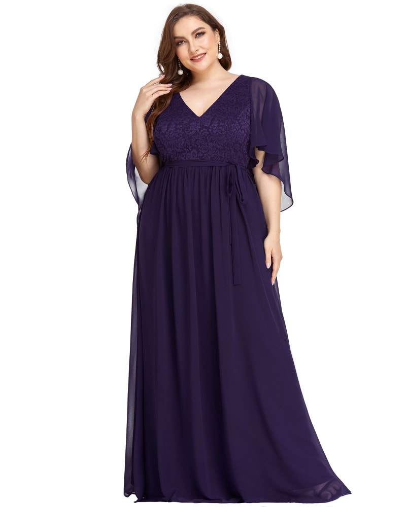 Front of a model wearing a size 22 Deep V Neck Lace Bodice Long Flowy Evening Dress in Dark Purple by Ever-Pretty. | dia_product_style_image_id:304691